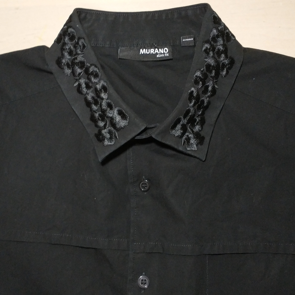 Black Embroidered Murano Short Sleeve Button Down